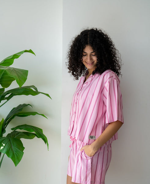Women Summer Pajama Set Pink Stripes Buttoned Shirt + Shorts